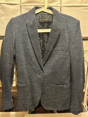 Zara Blue Textured Single-Button Blazer